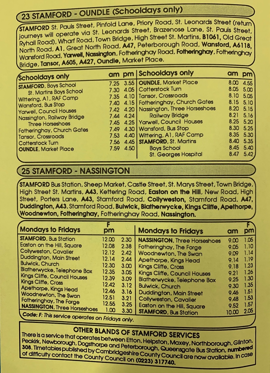 page 1 of 1990 timetable Blands of Stamford