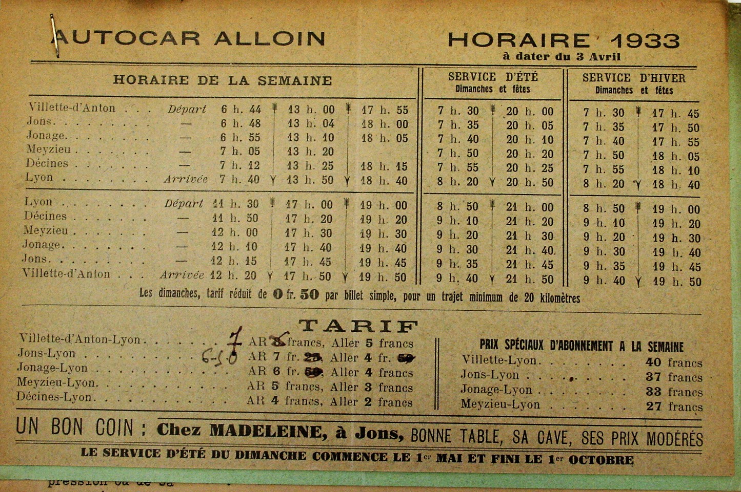 Alloin timetable 1933