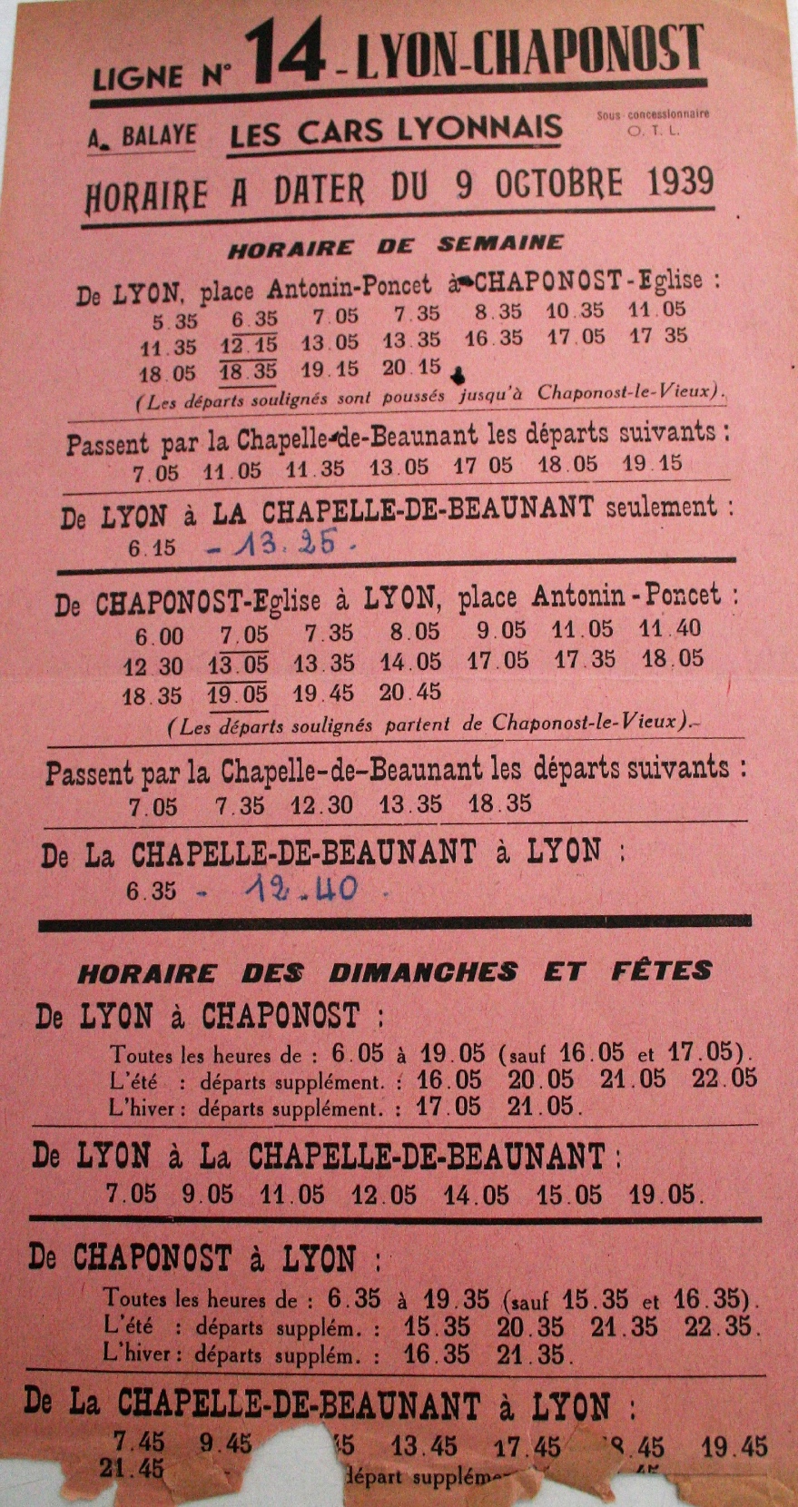 1939 timetable Lyon-Chaponost