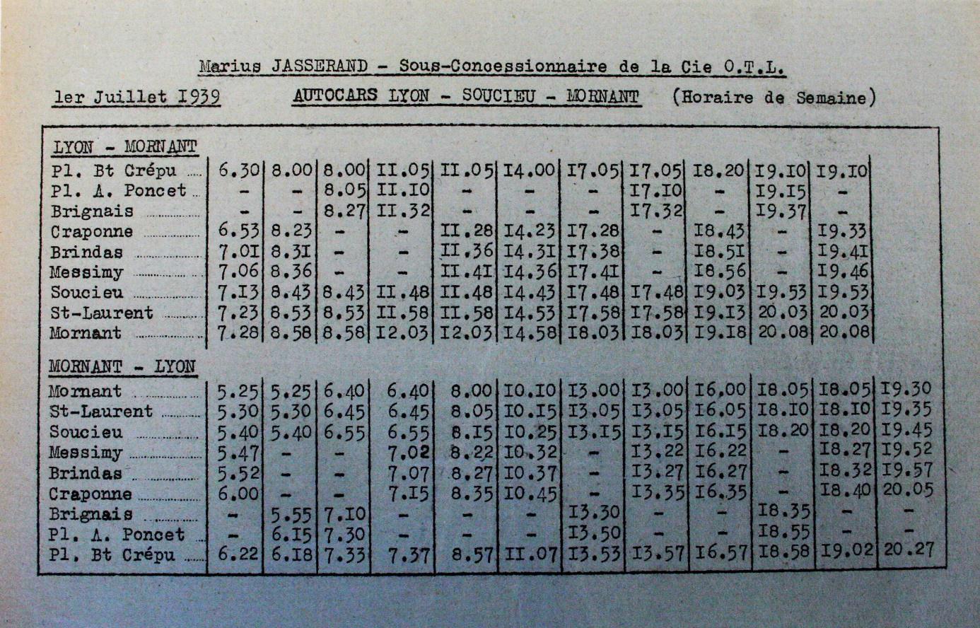 1939 weekday timetable