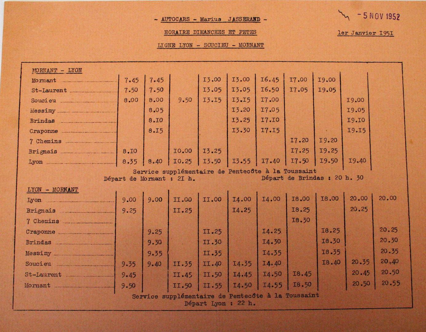 1951 Mornant timetable Sundays