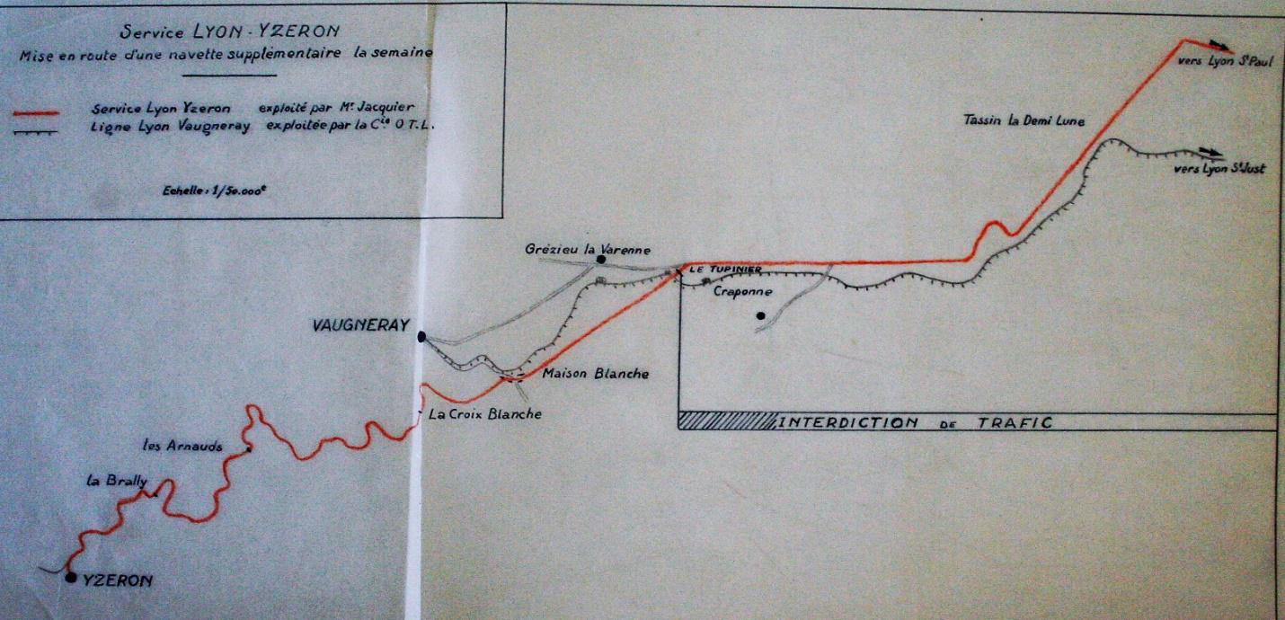 Yzeron - Lyon route map when operated by M. Jacquet