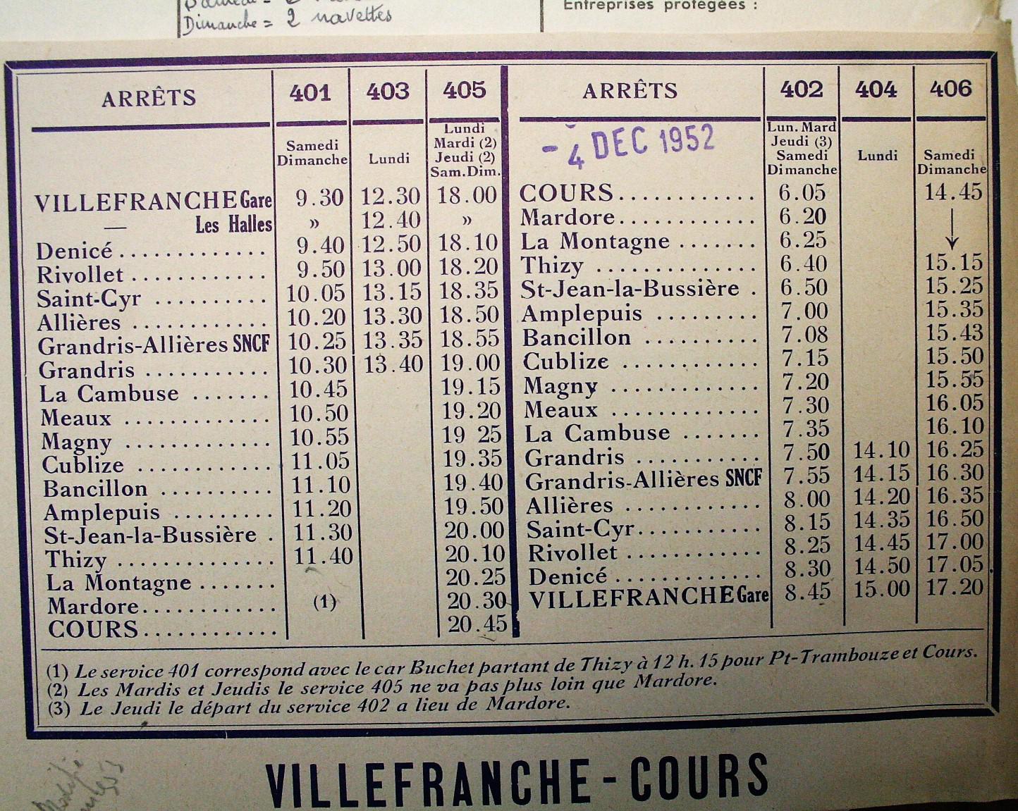 1952 timetable Villefranche - Cours