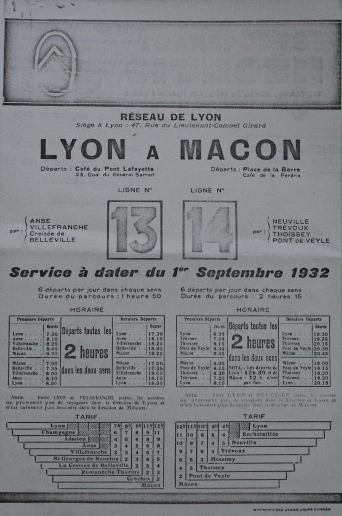 1932 Citroen timetable Lyon - Macon