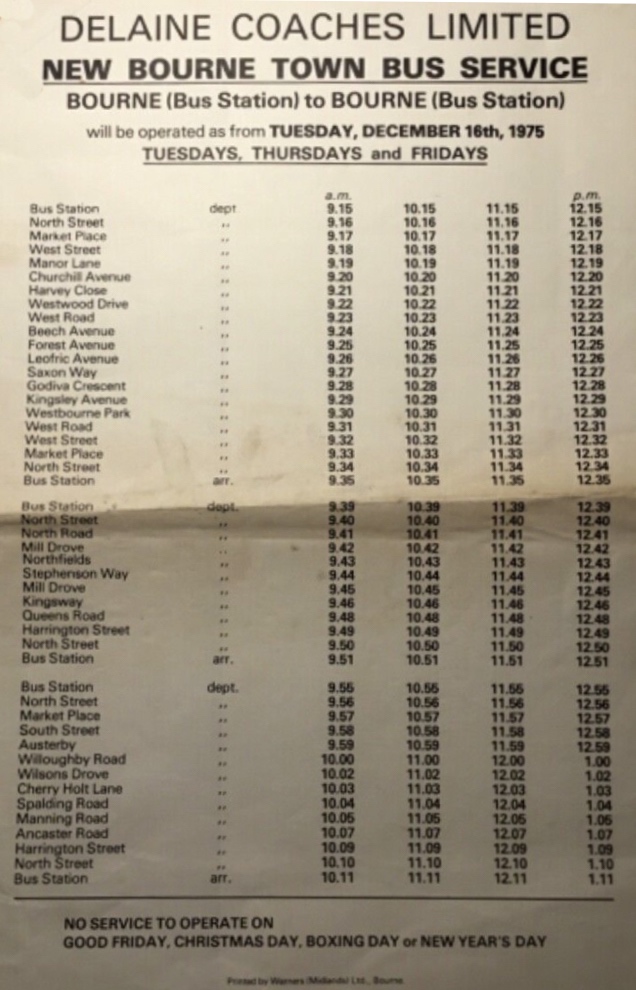 Bourne town service timetable 1975
