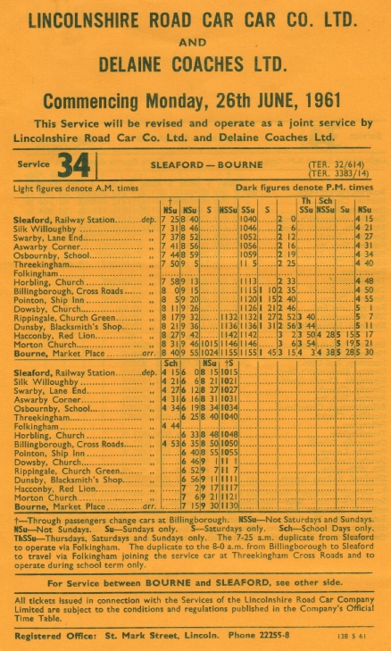 1961 timetable joint route 34 Sleaford to Bourne