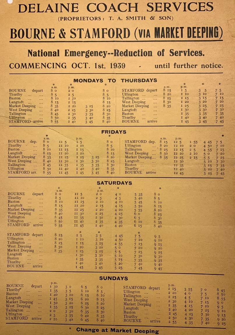 emergency timetable 1939 for Stamford via Deeping route