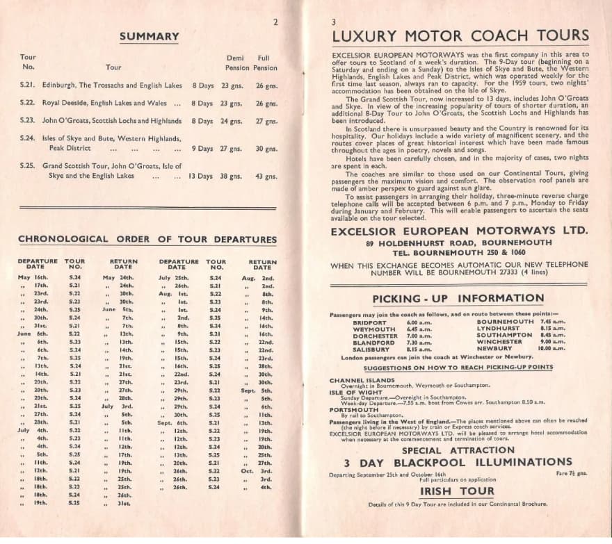 tours list from 1959 brochure