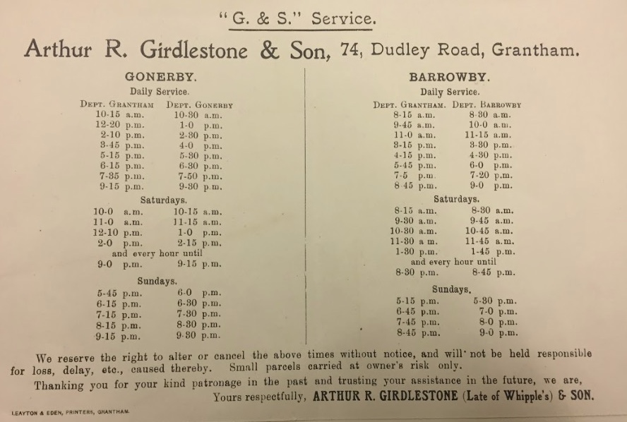 Girdlestone of Grantham 1930s timetable