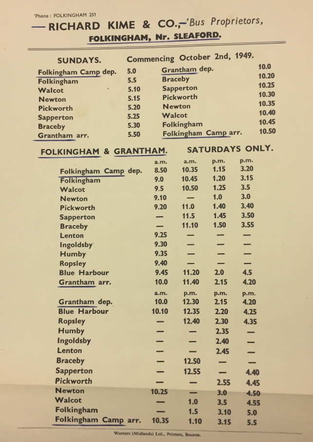 Kime 1949 Grantham route timetable