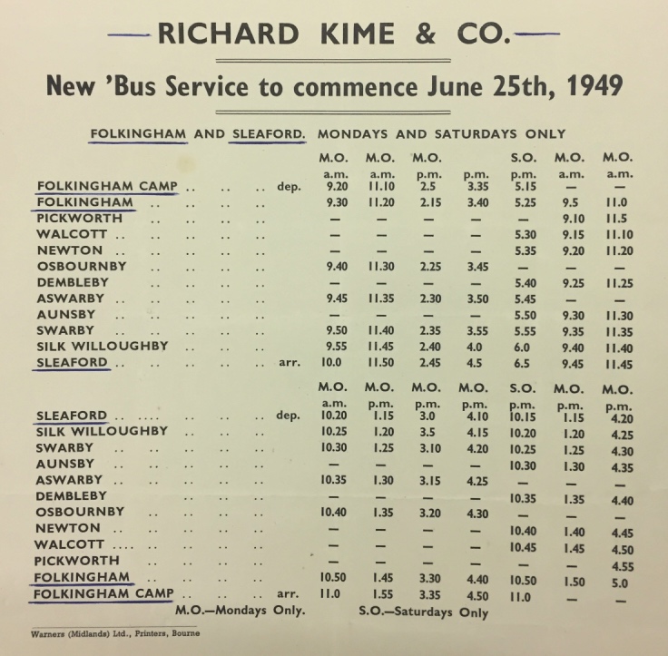 Kime 1949 Sleaford route timetable