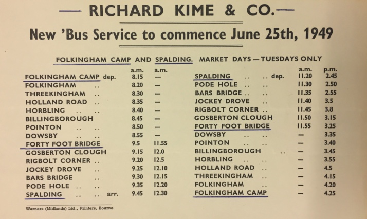 Kime 1949 Spalding route timetable