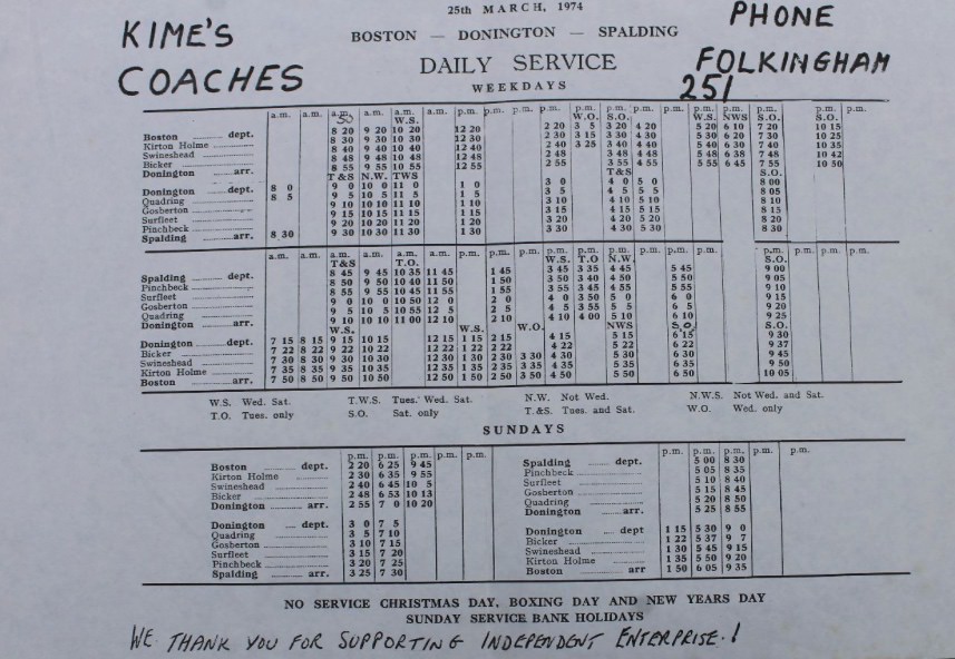 March 1974 timetable ex-Camplin route Boston-Spalding