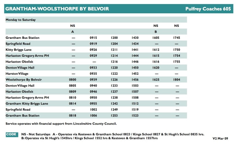 Pulfrey timetable 2009 Woolsthorpe by Belvoir route