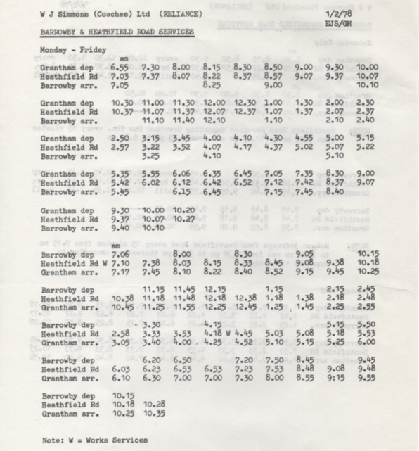 1978 Reliance timetable Barrowby weekdays