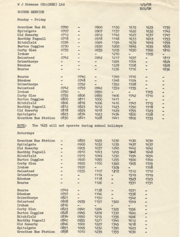 Reliance 1978 timetable - Bourne via Corby Glen