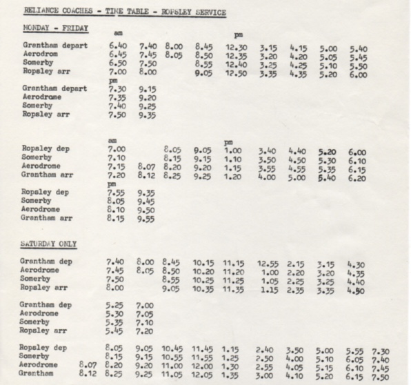 1978 Reliance timetable Ropsley