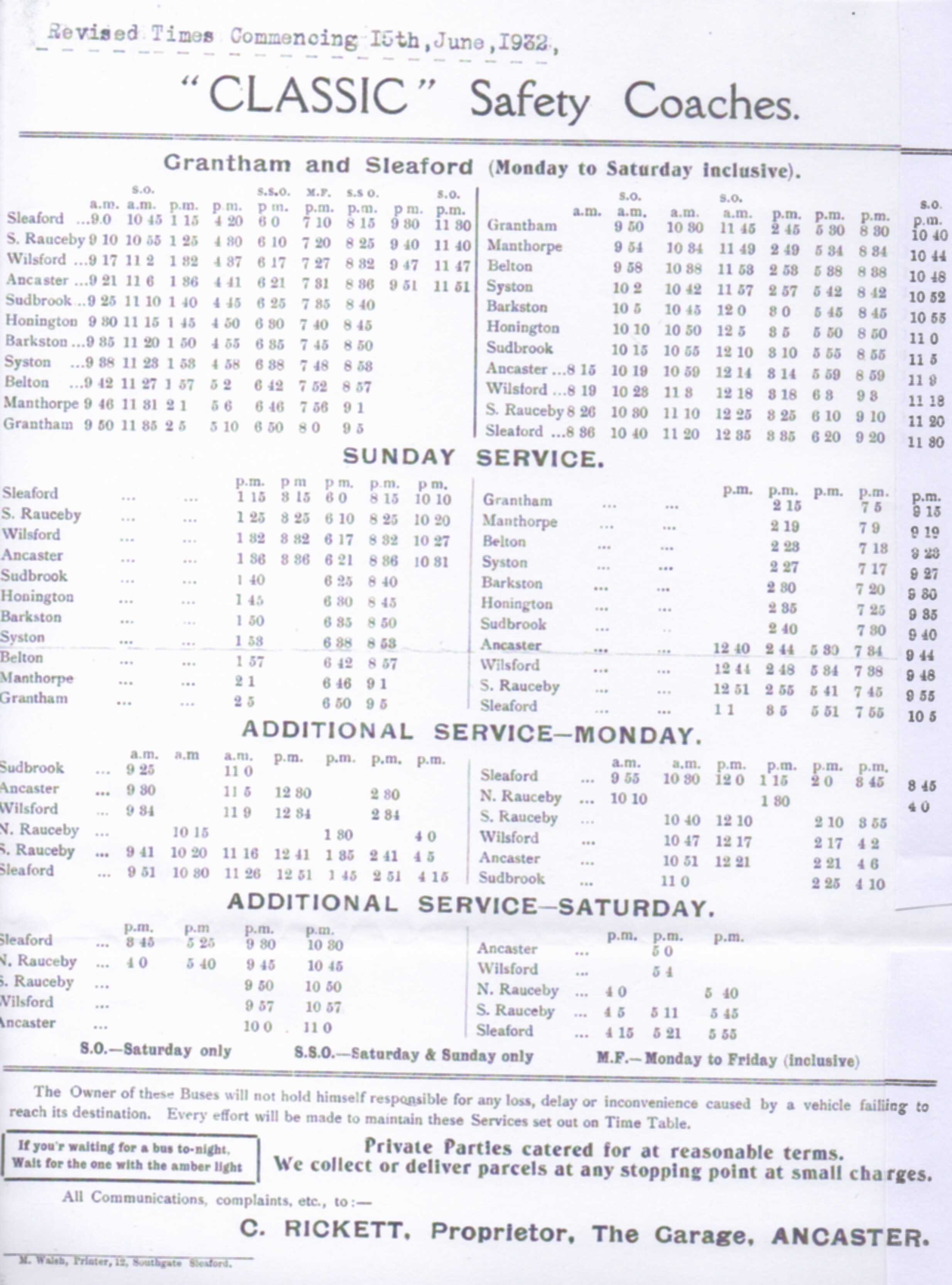 Rickett Grantham - Sleaford timetable 1932