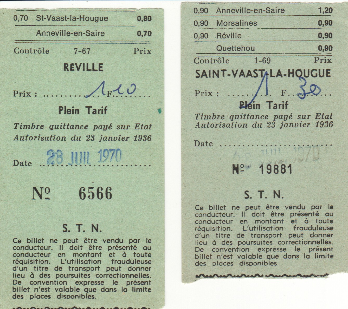 billets delivres par les agences de Reville et St Vaast la Hougue en 1970