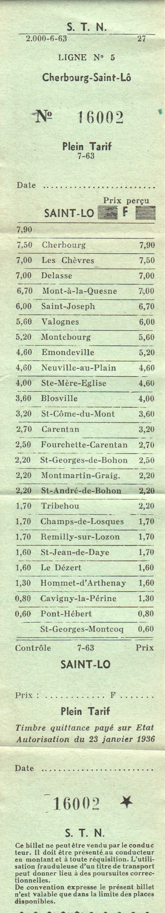 billet delivre par l'e bureau de Saint Lo pur la ligne 5