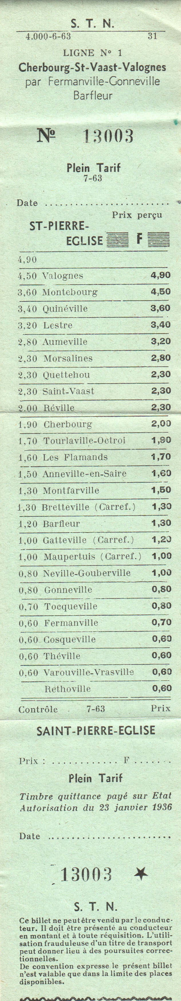 billet delivre par l'agence de Saint Pierre Eglise pour la ligne 1