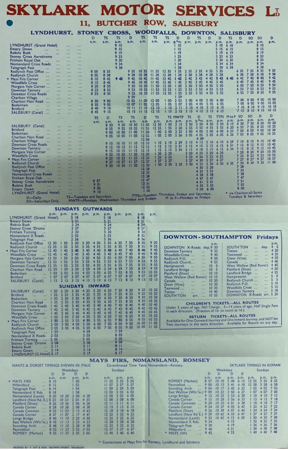 1950 poster timetable, route etended to Lyndhurst
