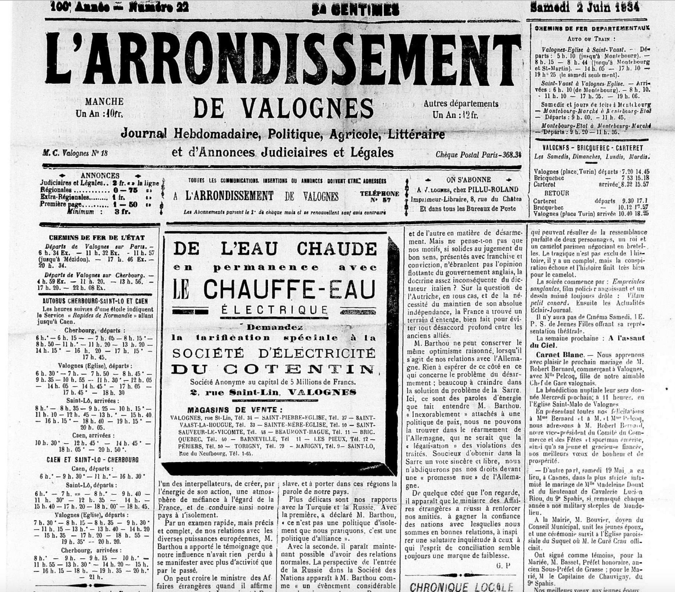 newspaper front page Valognes (June 1934)