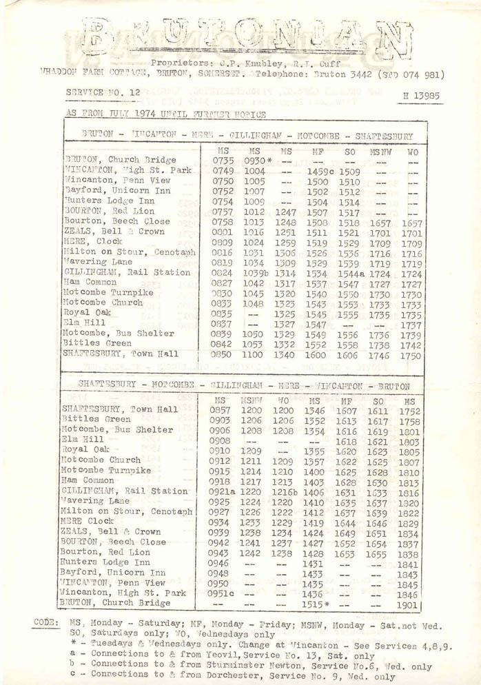 1974 timetable Shaftesbury service