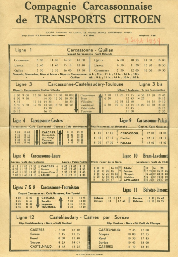1939 timetable Carcassonne