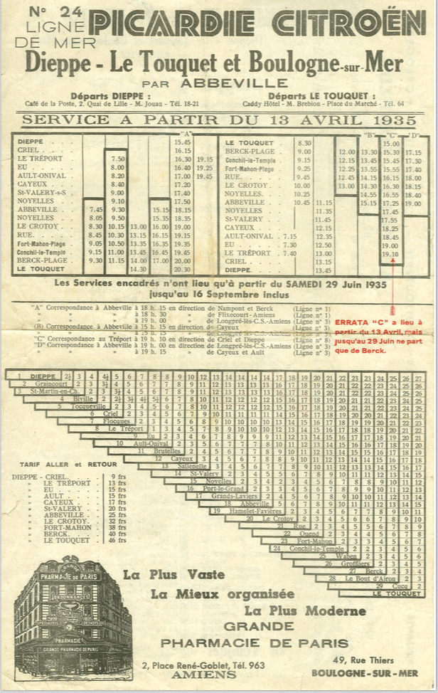 1935 timetable Dieppe - Le Touquet