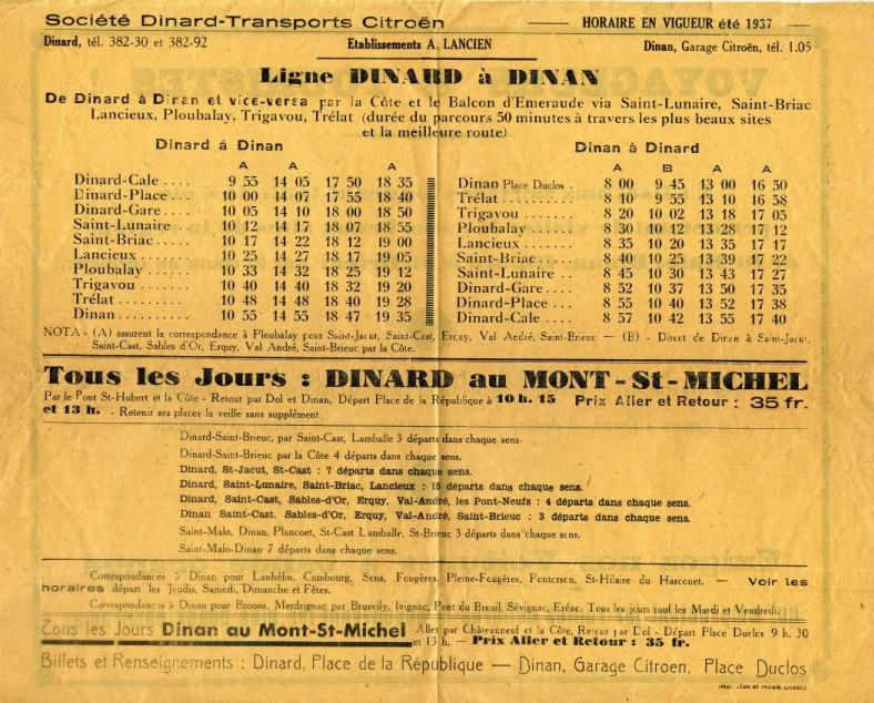 1937 timetable Transports Citroen Dinard