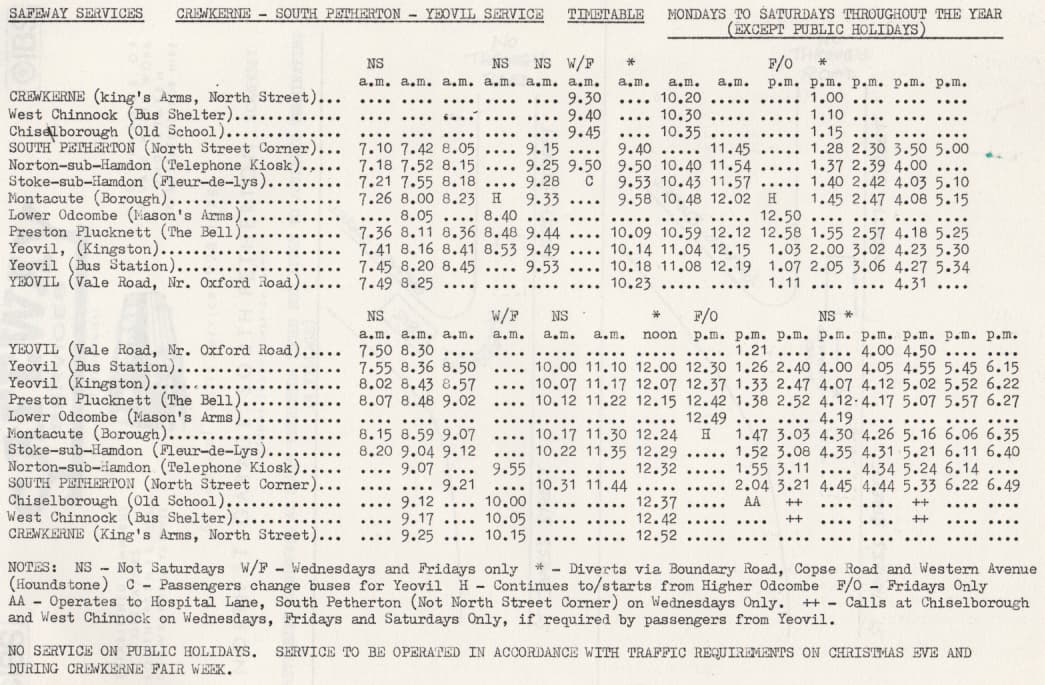 South Petherton to Yeovil timetable 1986