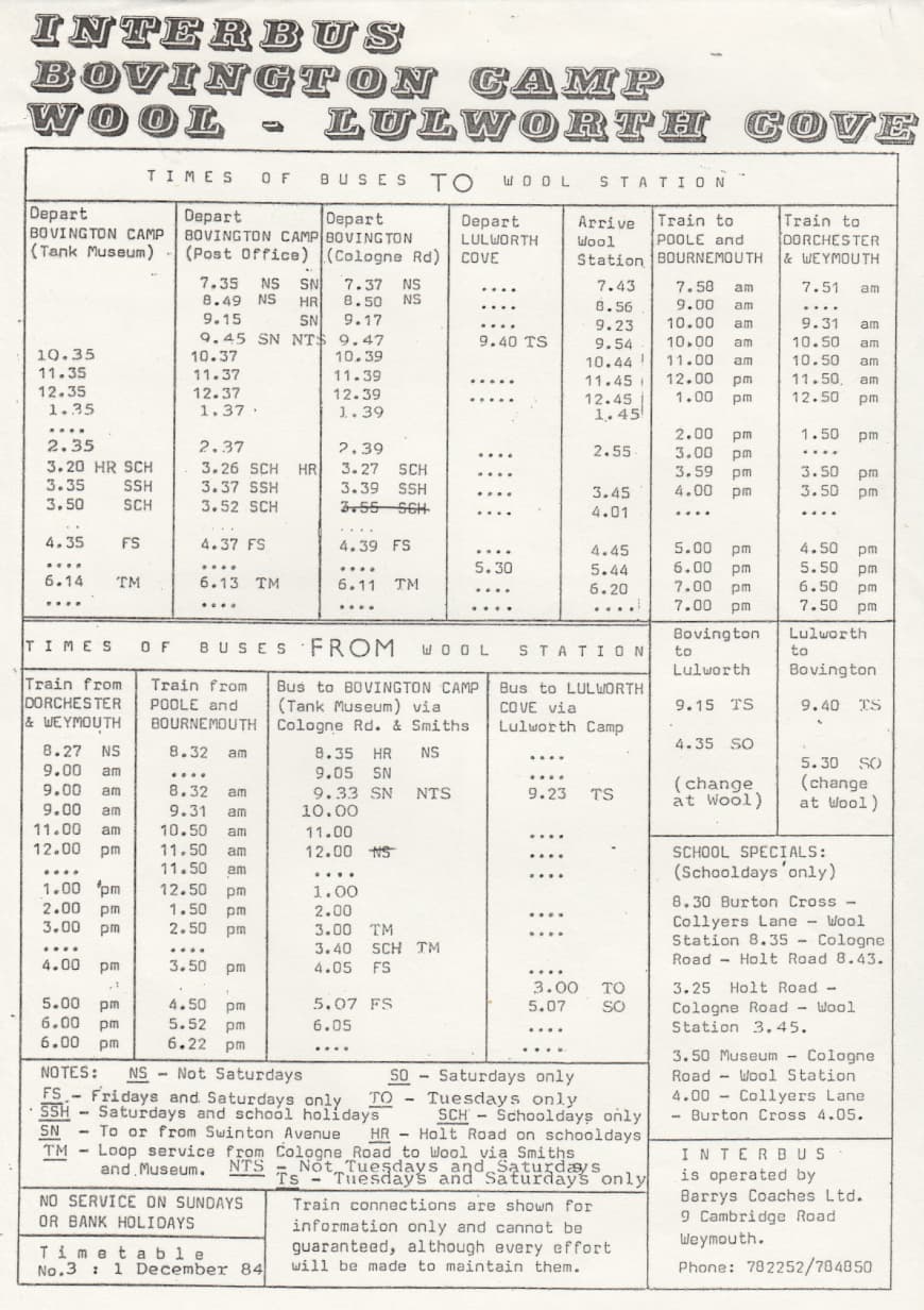 Interbus timetable Wool 1984