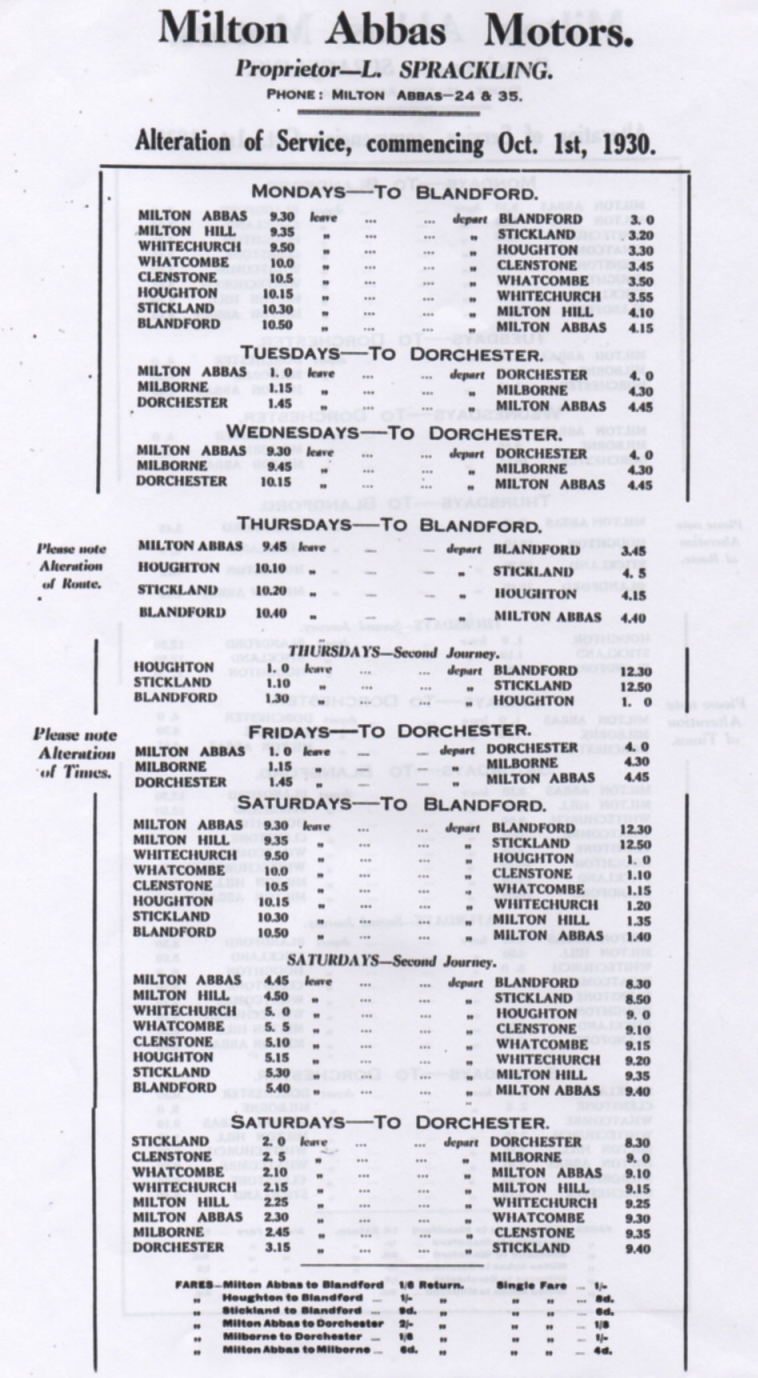 sprackling milton abbas timetable 1930