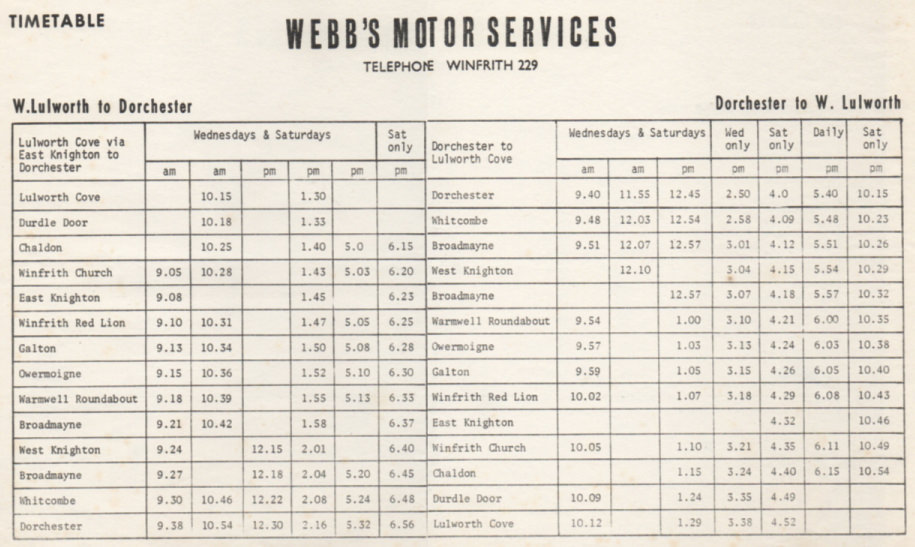 timetable Lulworth to Dorchester service