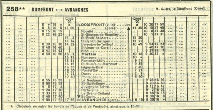 1942 timetable Domfront - Avranches (operator M. Gilard of Domfront)