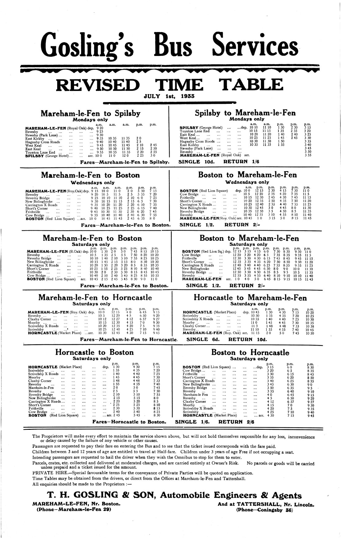 1933 timetable Gosling Mareham-le-Fen