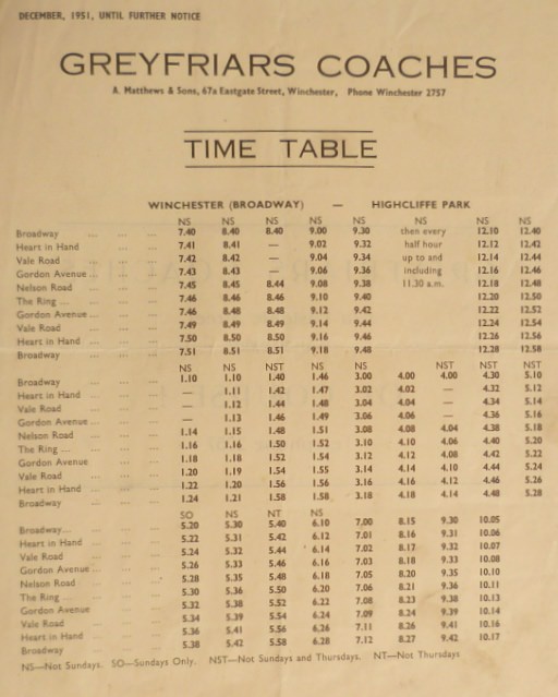 December 1951 timetable Highcliffe route