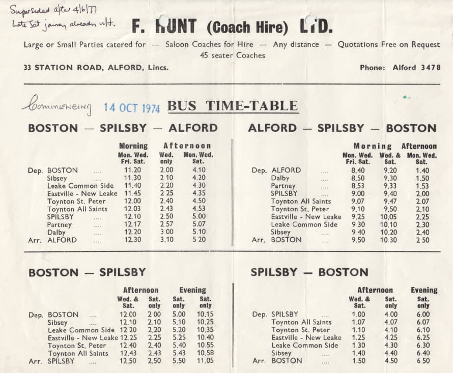 1974 timetable Alford - Boston Hunts