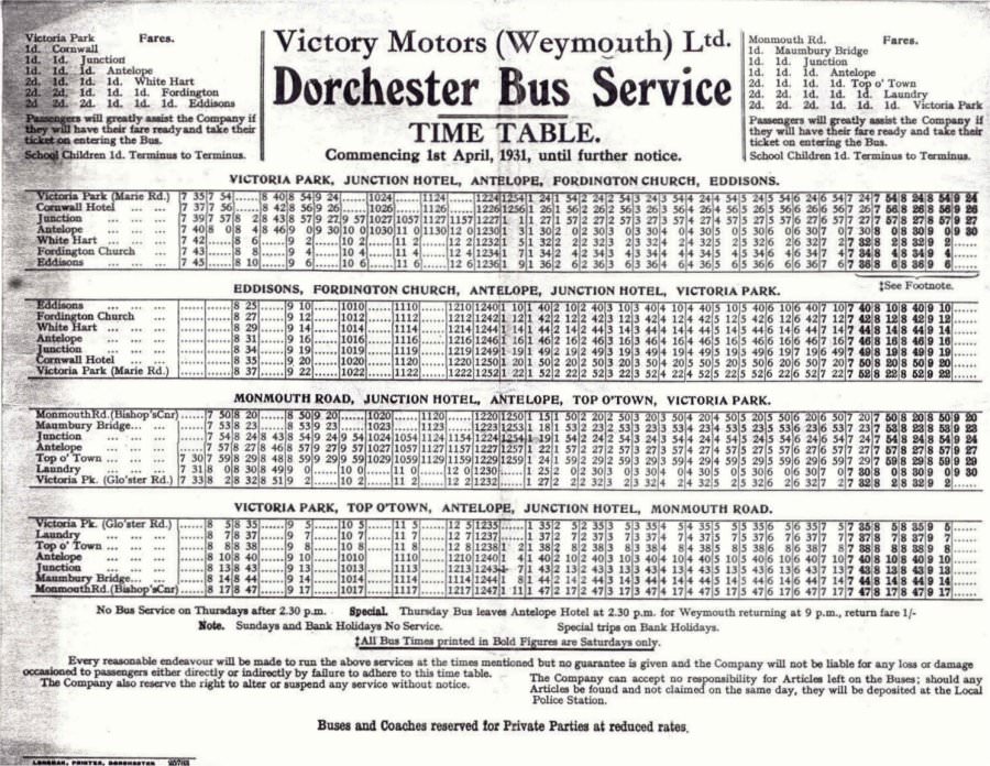 1931 Victory Motors timetable