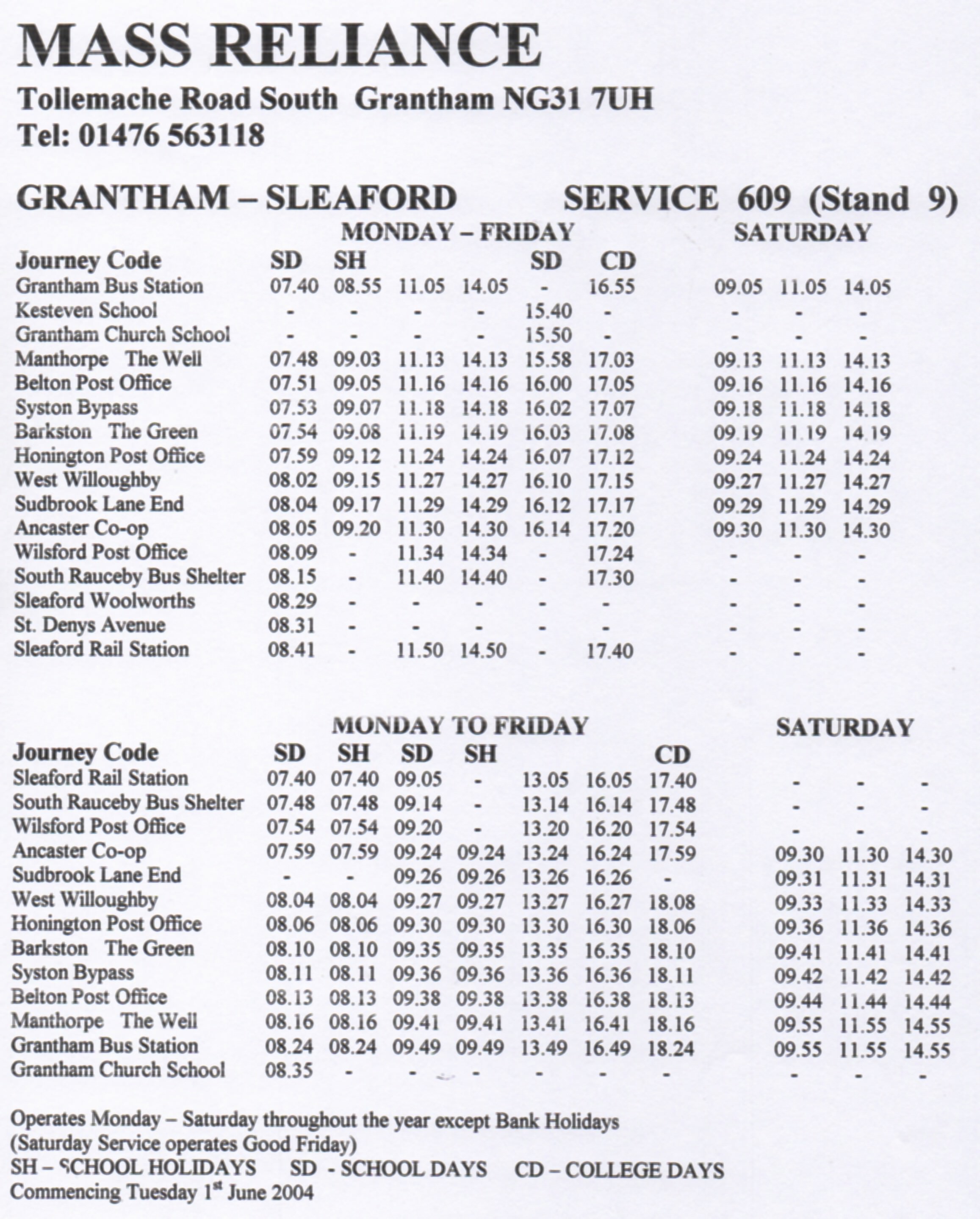 Mass Reliance timetable 609 route June 2004