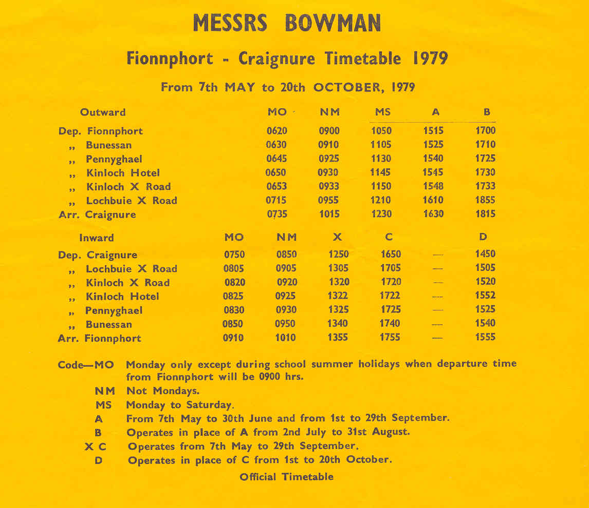 Bowmans timetable to Iona Ferry 1979