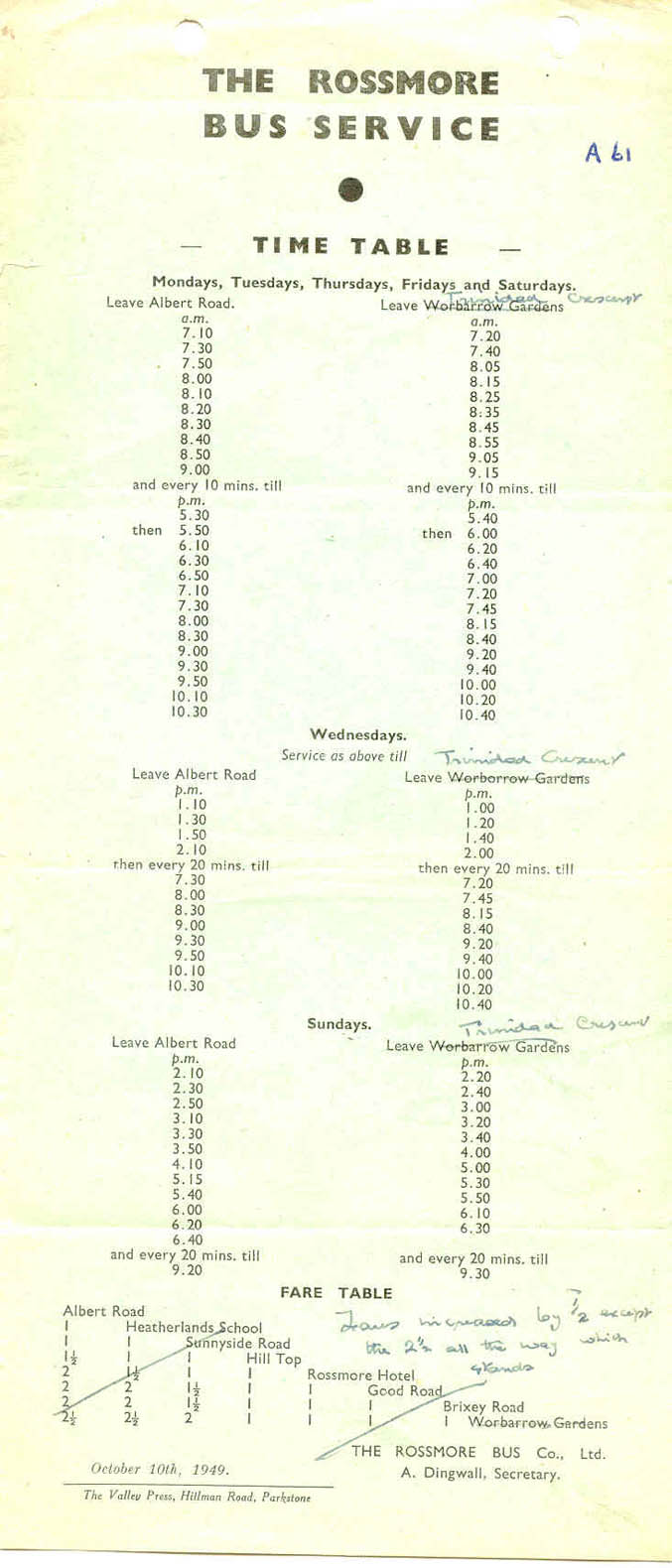 1949 timetable