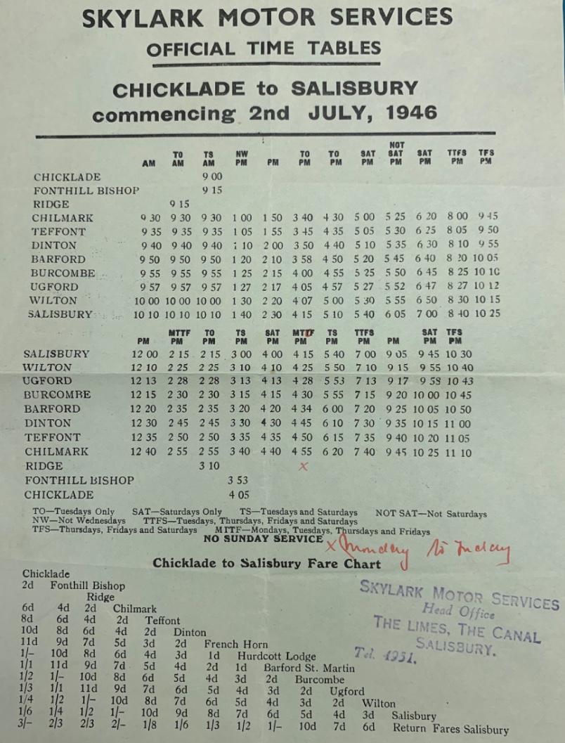 1946 timetable Chilmark route on take over from Viney