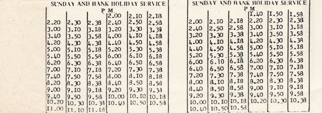 Imperial 1982 Sunday timetable
