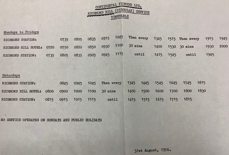 August 1976 timetable for extended route of 235 Hill Bus