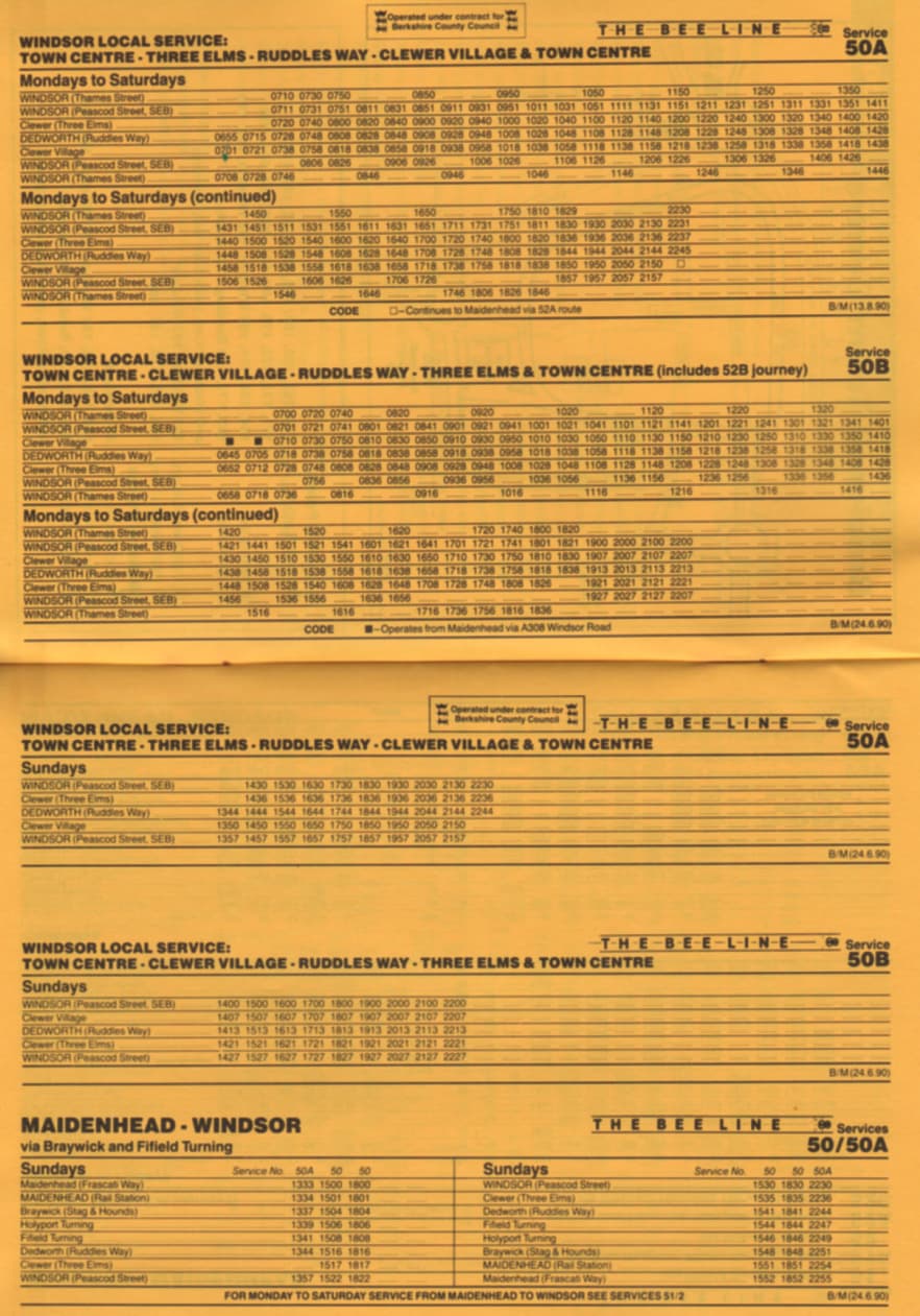 Bee Line timetable for Imperial routes October 1990