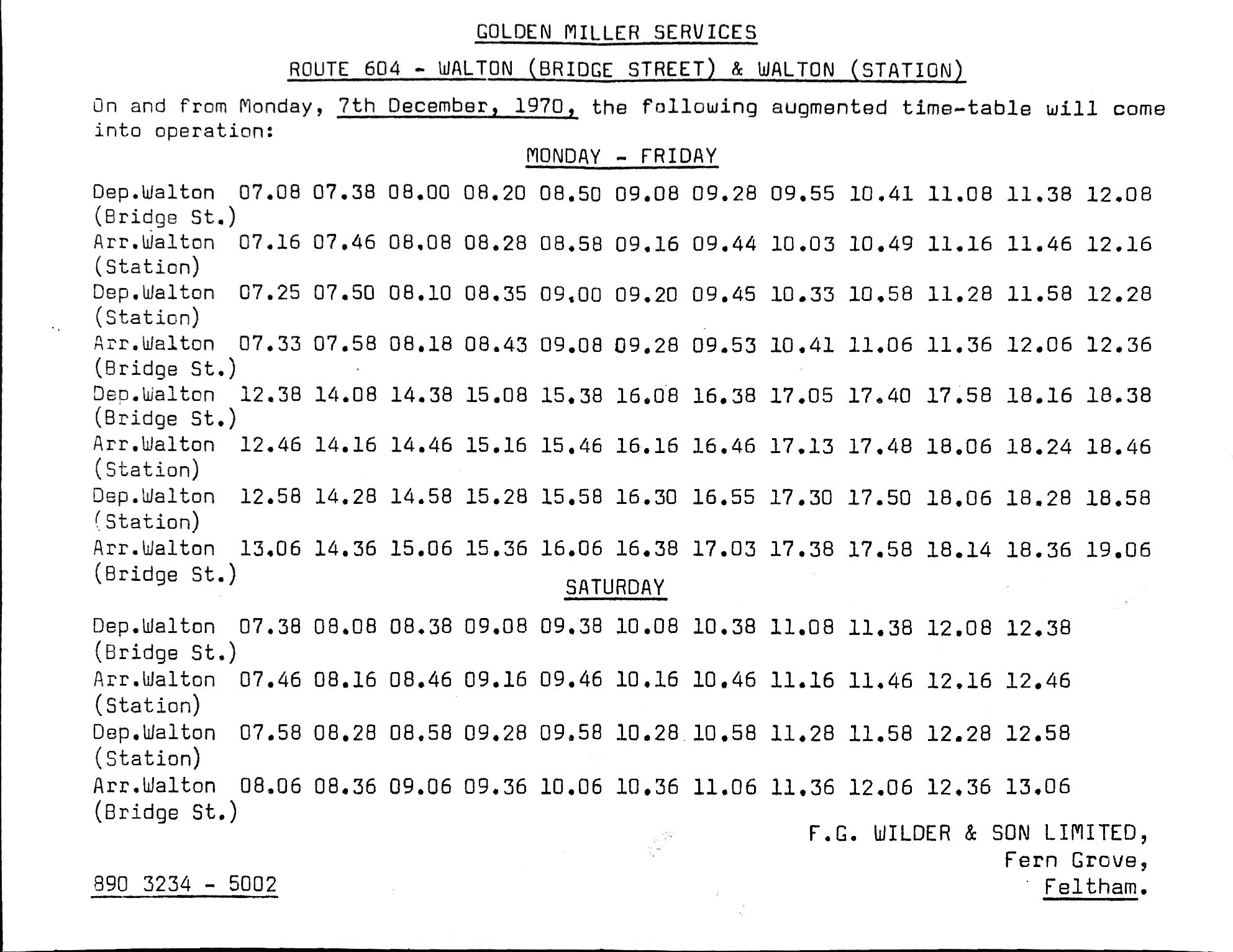 first Gilden Miller timetable 1970 takeover of Walton local service