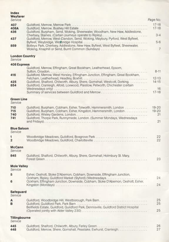list of routes from Weyfarrer timetable 1980