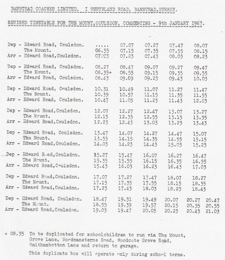 banstead coaches timetable 1967 coulsdon to the mount